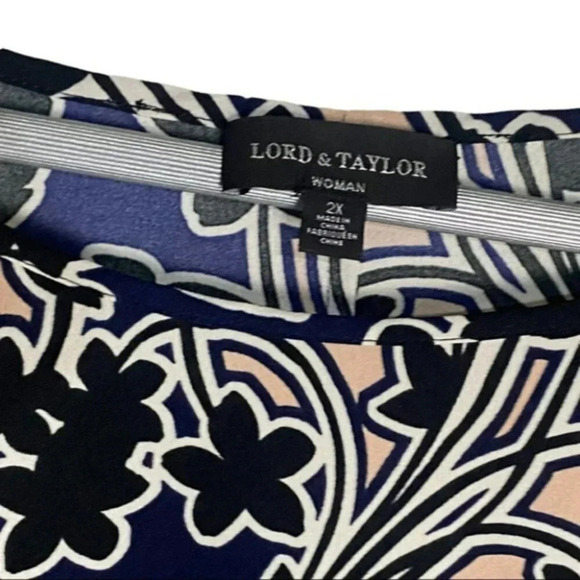Lord & Taylor woman 2X black, pink, blue and white print dolman sleeve top - Picture 4 of 5